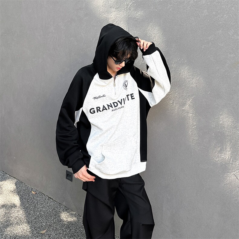 秋季宽松休闲拼接POLO套头卫衣潮外套XZ808B-WH085-P50,男装Polo衫,星座808B