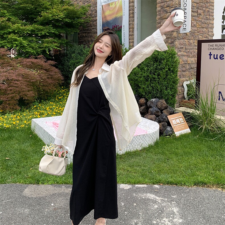 衬衫吊带连衣裙两件套女2024爆款休闲防晒衬衣今年流行漂亮套装裙,女装套装/套裙,鑫慧