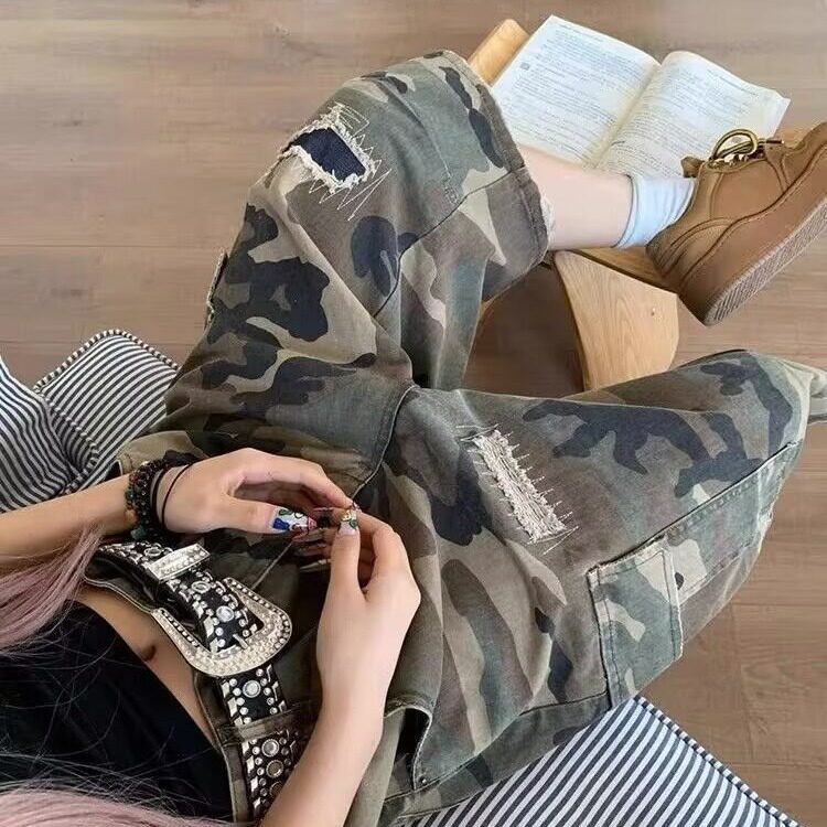 大码美式破洞补丁直筒迷彩七分牛仔裤女设计感宽松显瘦休闲阔腿裤,男装牛仔裤,星座506A