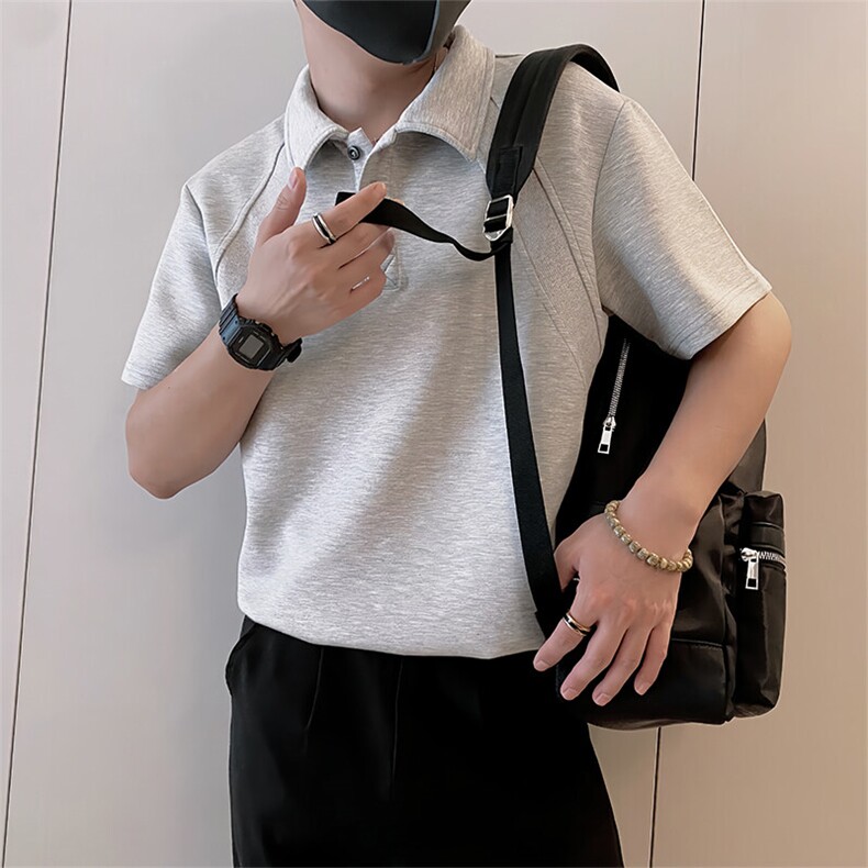 8970/P58控78夏季小伙美式拼接设计感Polo衫T恤轻奢痞帅男白灰色1,男装T恤,星座305B