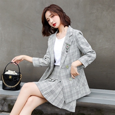 2021春秋款新款复古格子灰色西装外套女韩版修身小勋章西服套装，女装套装/套裙，瑶迪依秀