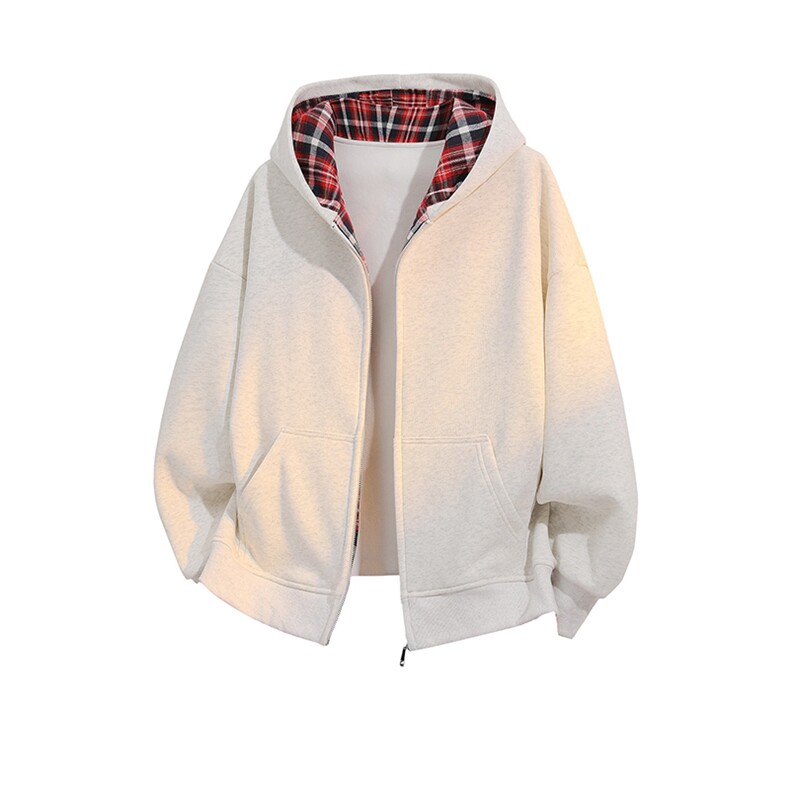抖音得物品质二开25秋冬美式假两件格子连帽卫衣开衫外套CM35，男装卫衣，电商A486