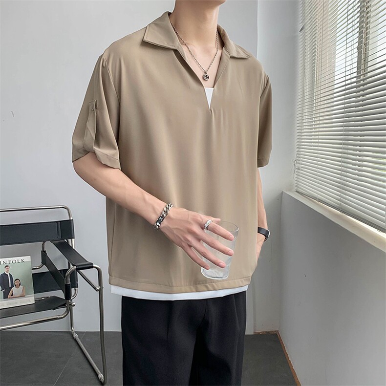 夏季新款冰丝面料套头中袖衬衫五分袖纯色拼接上衣 A328-2231-P50图片
