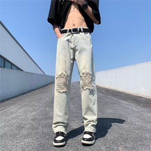 潮牌春季新款男士韩版直筒休闲裤复古美式破洞牛仔XK8035P46