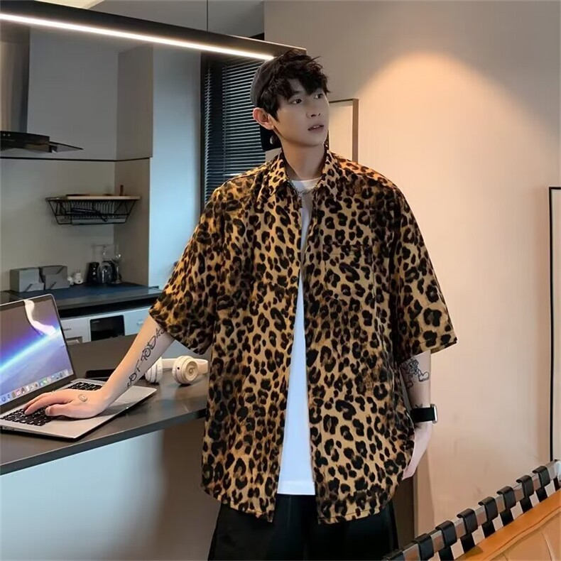 夏季男衬衫上衣休闲宽松可穿80-300斤港风时尚衬衣外穿薄款豹纹,男装衬衫,星座1210-1