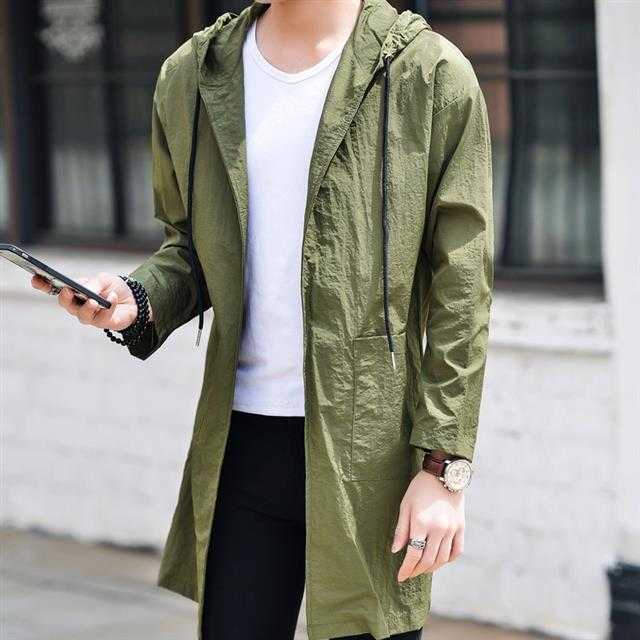 情侣夏装新款男士韩版长款风衣款连帽风衣青少年纯色防晒衣,男装风衣,星座1804