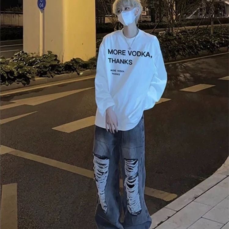 字母印花长袖T恤男秋季美式街头高街复古白色打底衫青少年上衣服,男装T恤,星座506A