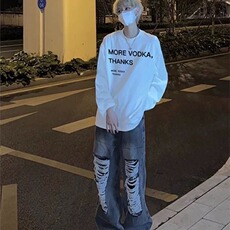 字母印花长袖T恤男秋季美式街头高街复古白色打底衫青少年上衣服，男装T恤，星座506A