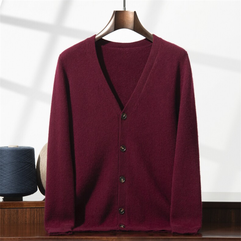 男V领加厚baby小山羊绒开衫单排扣外套中青年休闲宽松针织衫毛衣,男装羊绒开衫,金帕维