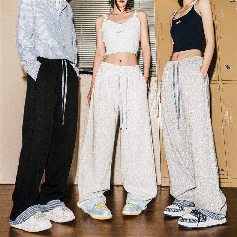 2025潮牌Cleanfit风格纹裤撞色拼接阔腿裤拖地裤卫裤CK2350-P40,男装休闲裤,星座717