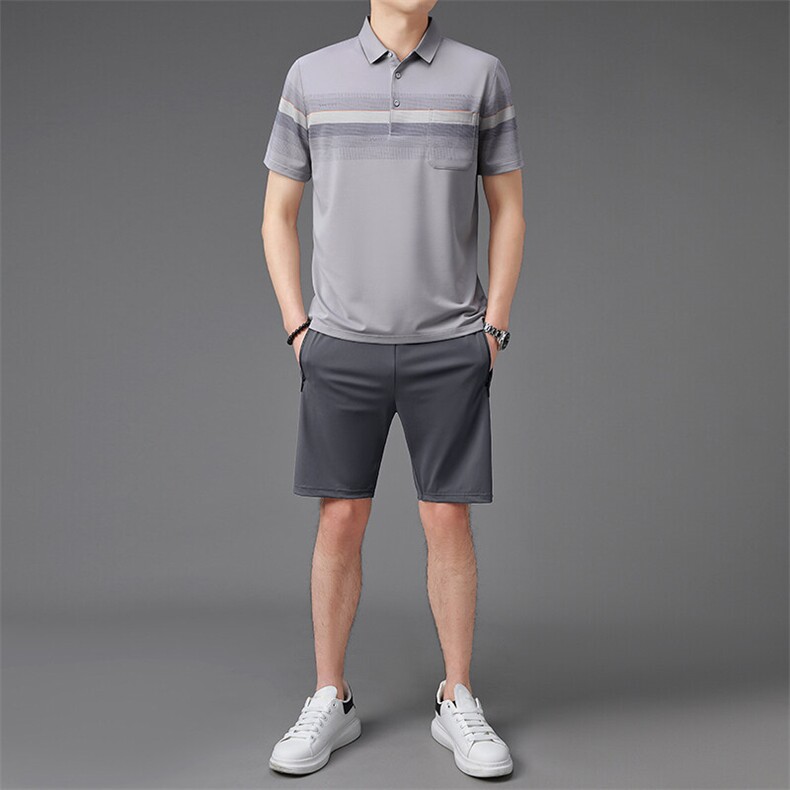 夏季中老年休闲运动套装冰丝短袖短裤爸爸装两件套爷爷衣服,男装休闲套装,钱塘6003（原4033）