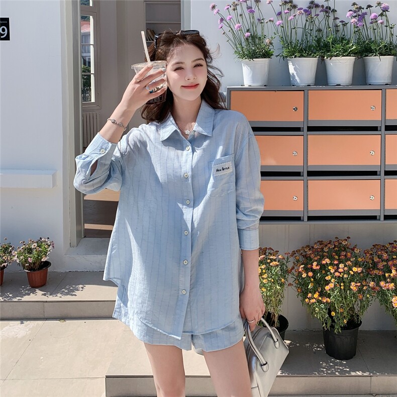 洋气减龄蓝色衬衫套装女2025夏季新款小个子短裤衬衣穿搭一整套,女装套装/套裙,浪娴服饰