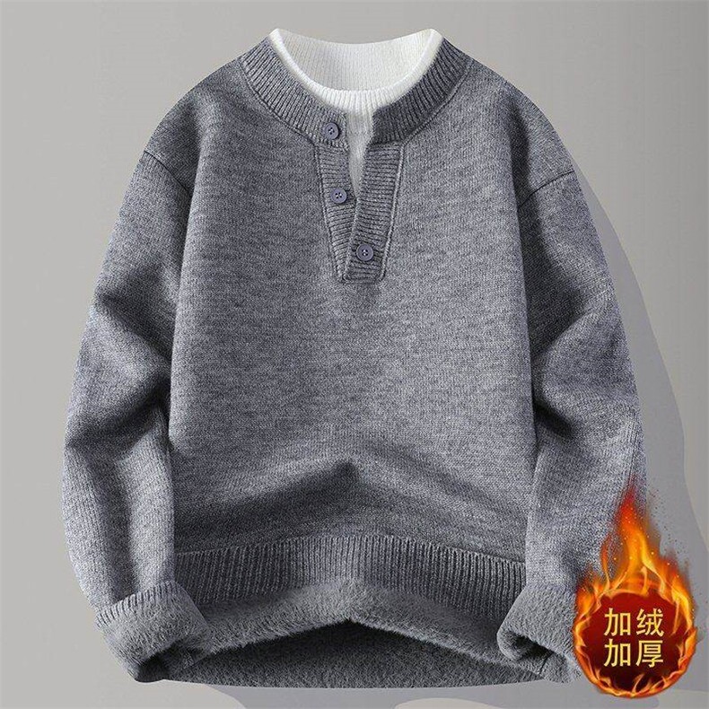 M2510JR-P68假两件V领毛衣男生秋冬季加绒加厚保暖针织衫，男装针织衫/毛衣，电商D310B