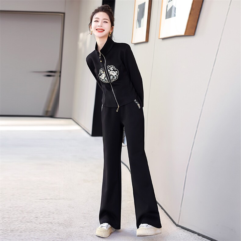 新中式国风套装女2024早春新款休闲时尚运动刺绣外套阔腿裤两件套,女装套装/套裙,梦懿尔