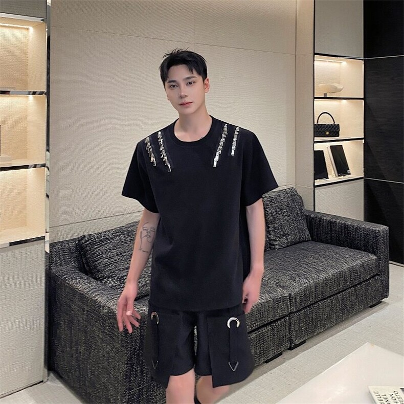 金属拉链垫肩短袖男美式复古男生小众设计感痞帅T恤A345-500-P80,男装T恤,电商A345