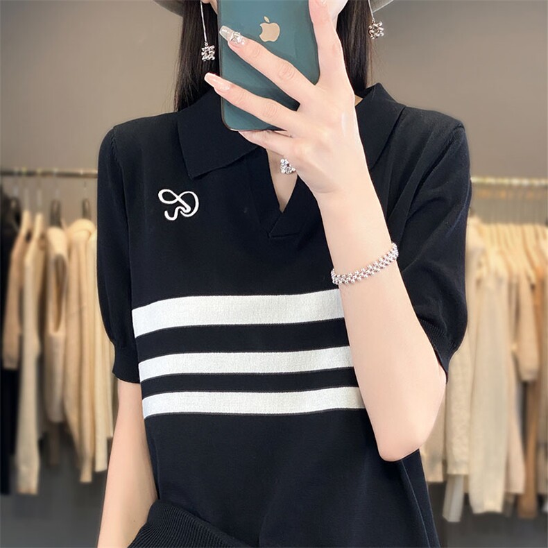 时尚女装POLO领条纹短袖冰丝针织衫显瘦百搭气质上衣,针织衫/毛衣,萱芳婷羊绒