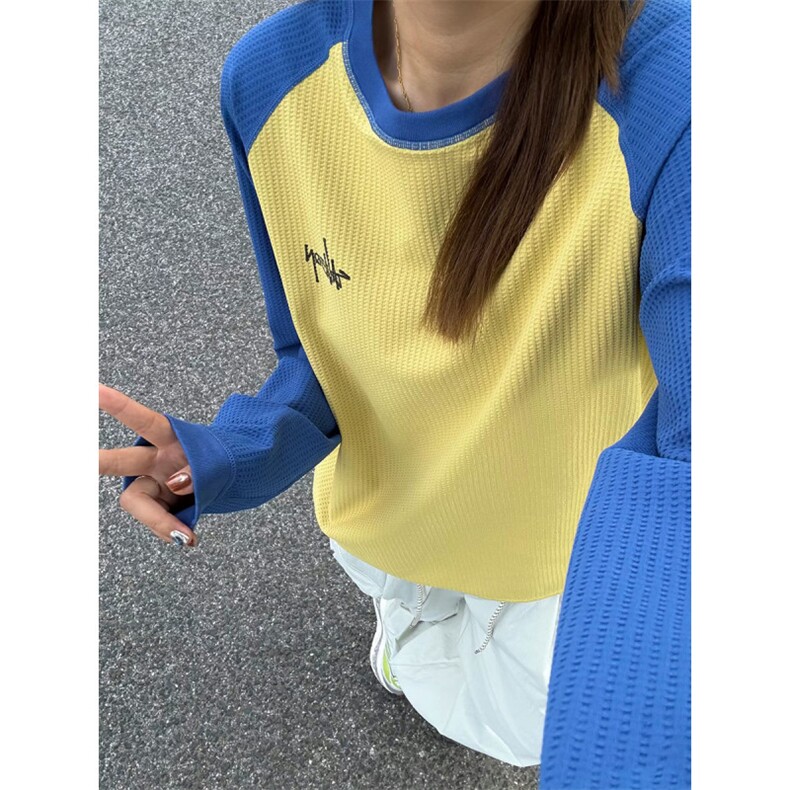 美式拼接华夫格卫衣女款秋季潮牌圆领长袖t恤cleanfit内搭打底衫，男装T恤，电商C310