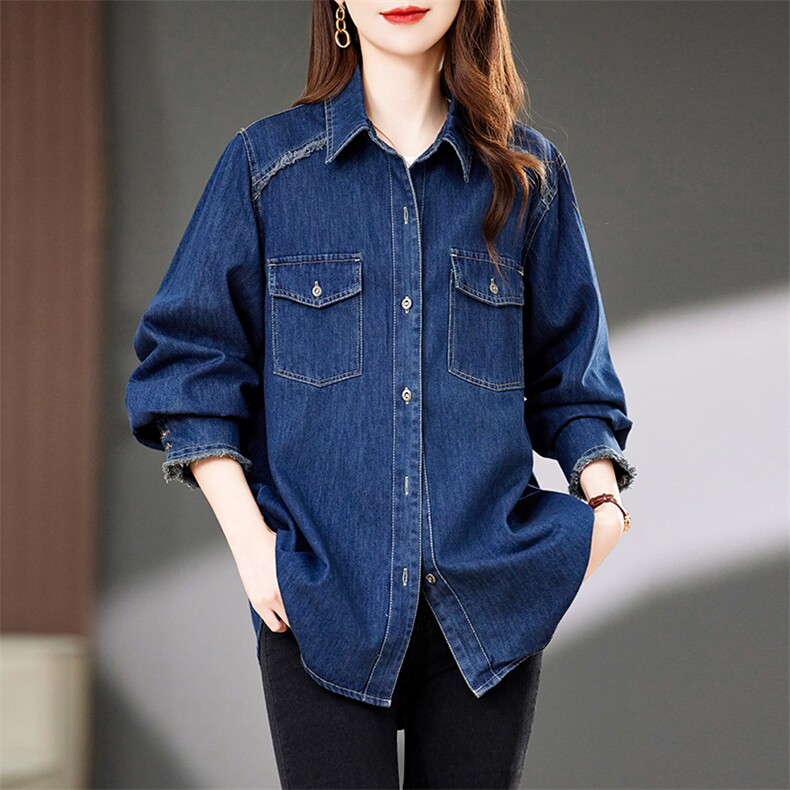 翻领单排扣牛仔衬衫外套女宽松2025中年妈妈百搭叠穿小个子衬衣潮，女装衬衫，浙宝2-166