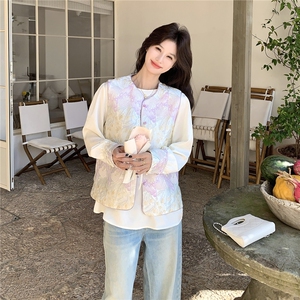 紫色高级感撞色刺绣风马甲小衫套装两件套女早春秋两面穿马夹图片