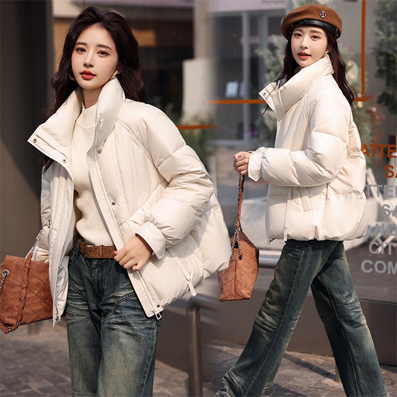 现货新款2023年冬季短款羽绒服女加厚时尚宽松立领外套,女装羽绒服,笃写