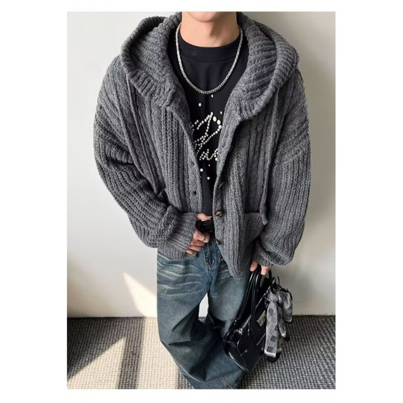 YC0791-P78秋冬复古纯色针织开衫外套男女潮牌宽松百搭提花毛衣,男装针织衫/毛衣,电商C233