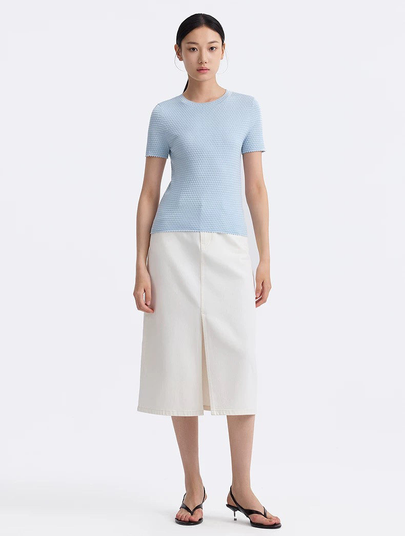 2025夏季几何立体肌理感弹力针织衫圆领短袖上衣，女装T恤，湘姗