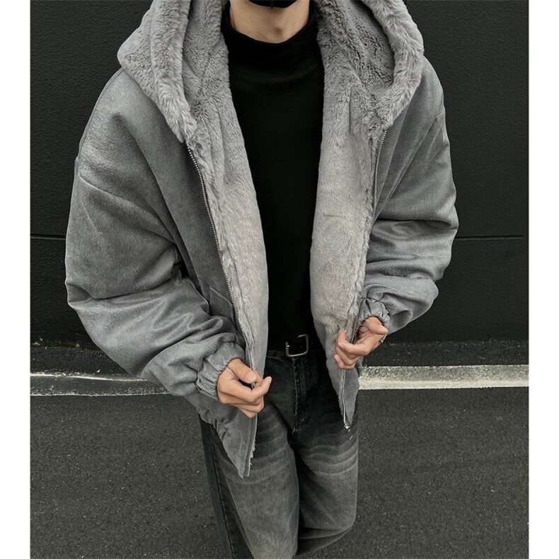 xz514-816-P125 新款上架【座山雕】毛绒连帽棉服加绒黑墙灰图片