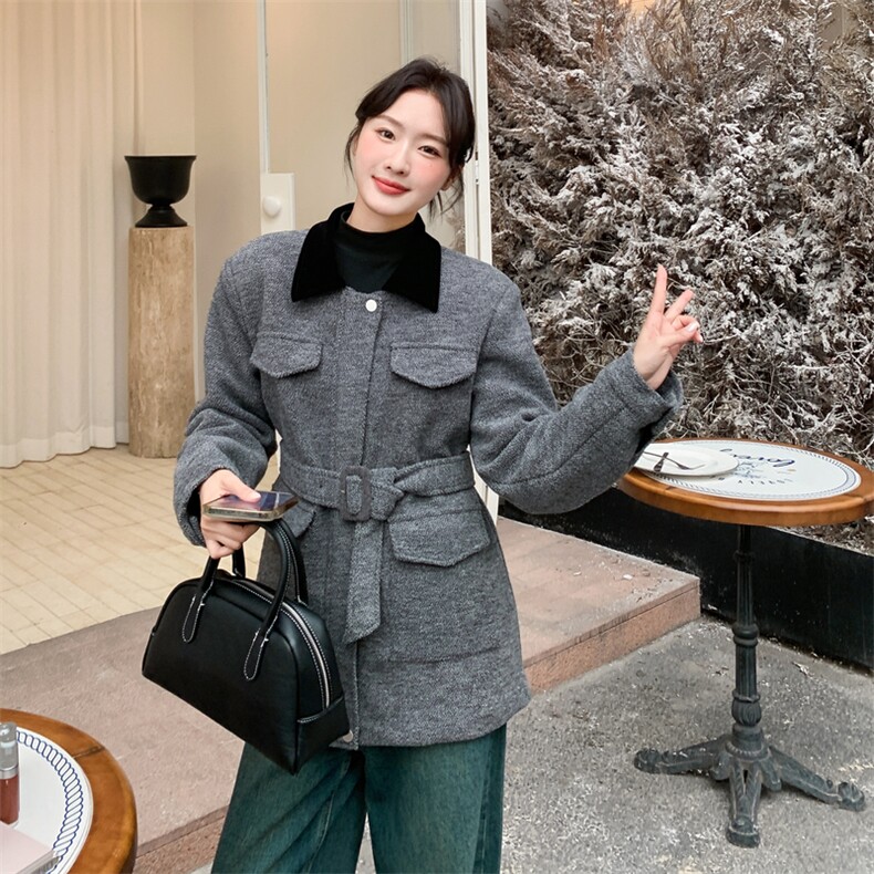 【主推】设计感大口袋保暖夹棉毛呢外套配腰带A354-P180-K265,女装棉衣/棉服,2D148