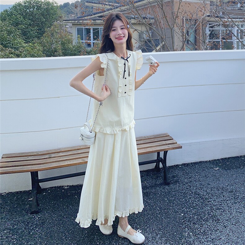 甜美减龄白色套装裙女2025夏季新款木耳边无袖上衣半身裙两件套潮,女装套装/套裙,2C093