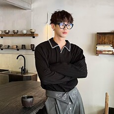 DB151-批45高级麦穗纹手缝拼接POLO翻领长袖，男装针织衫/毛衣，星座603-2