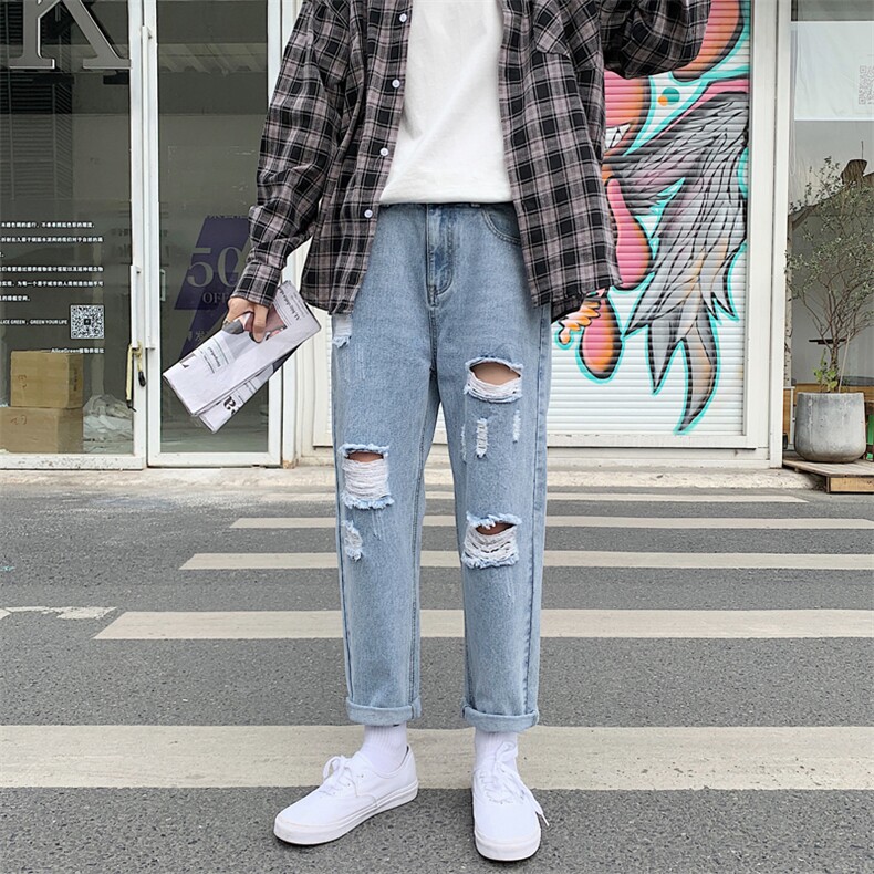 现货2021春夏季牛仔裤男青少年新款港风潮流宽松破洞裤子K901-P40，男装牛仔裤，星座308B-2