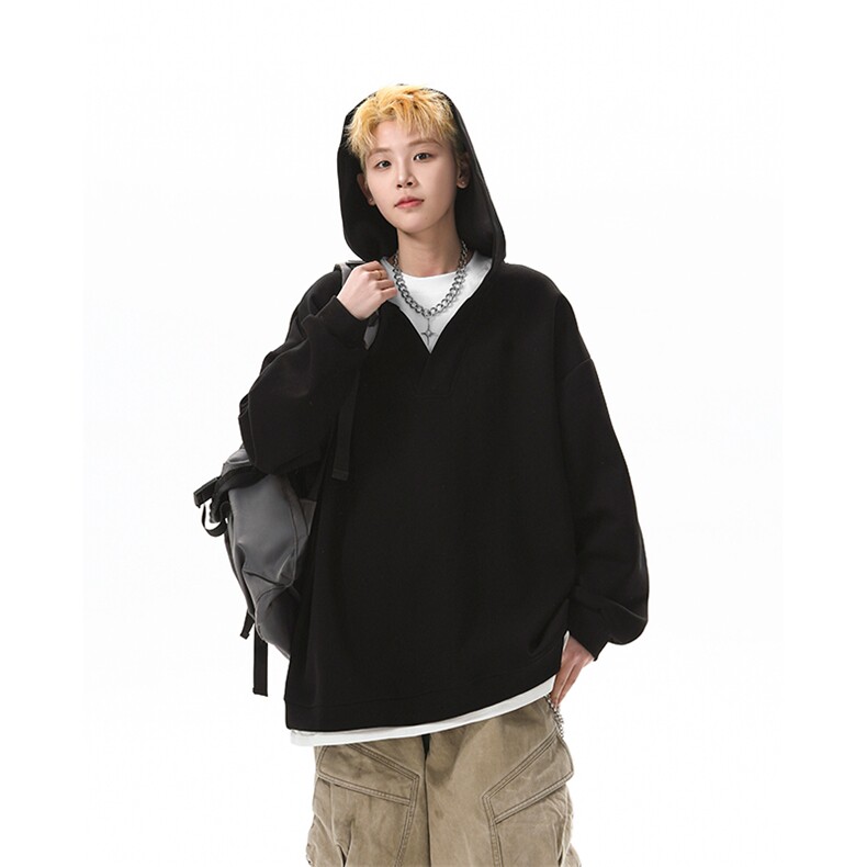 8XL-M叠穿假两件卫衣重磅连帽V领拼接套头衫宽松大码外套WY006P65,男装卫衣,电商B312