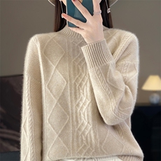 新款时尚高领纯色针织套头上衣休闲简约风，女装针织衫/毛衣，贝美羊绒