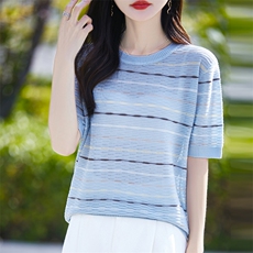 天丝针织条纹正肩短袖T恤女2025夏季大码薄款宽松圆领半袖t恤上衣，女装针织衫/毛衣，郡淞羊绒
