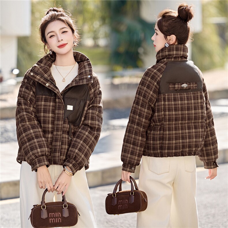 小个子羽绒服女2025冬季新款连帽复古格纹加厚保暖短款格子外套,女装羽绒服,意芙