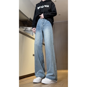 现货 裂纹设计水洗蓝色牛仔裤男美式闪电纹宽松休闲裤 K78-P55图片