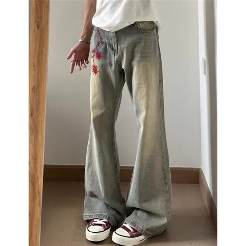 复古水洗做旧黄泥染刺绣牛仔裤男直筒宽松微喇叭vibe裤子N1116,男装牛仔裤,星座1116A（原606A-3）