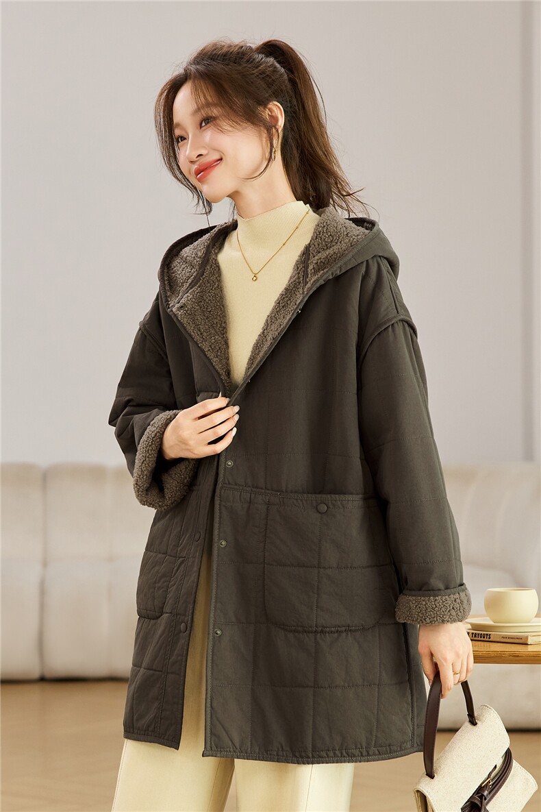 叶笙衣82592棉布拼泰迪绒长款外套,女装棉衣/棉服,叶笙衣