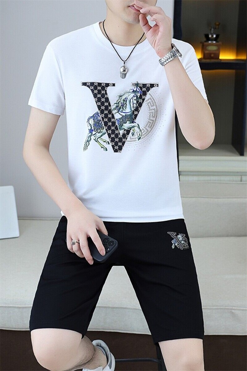 25326-P65夏季休闲T恤短裤男两件套欧货潮牌修身圆领短袖T恤套装,男装休闲套装,电商D310B-1