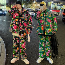 东北大花棉衣套装风汉服套装加厚保暖防寒棉服加绒裤机车H203，男装休闲套装，星座115A(原星座507）