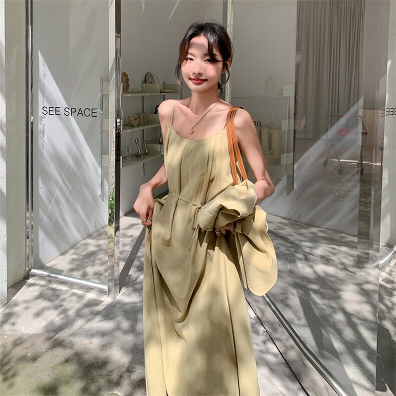 现货！薄款短袖西装吊带连衣裙两件套长裙套装5055P155K228,女装连衣裙,维壹
