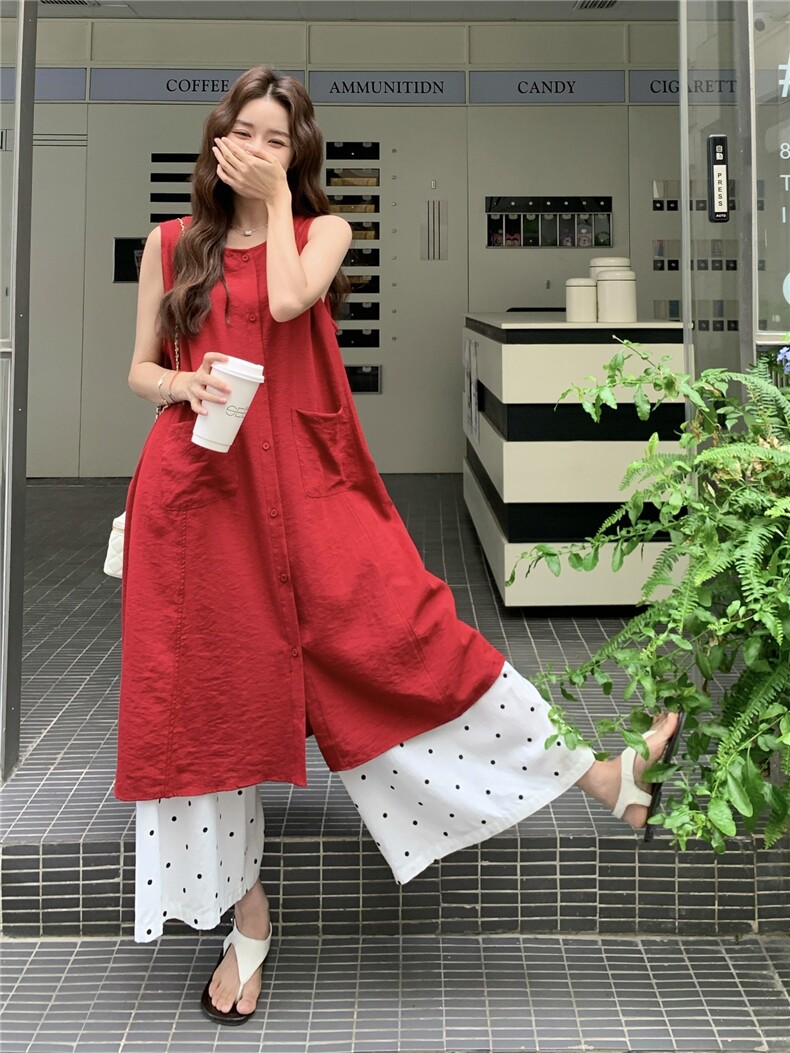 红色无袖衬衫叠穿连衣裙女夏波点阔腿裤两件套装裙巨好看超火爆款,女装套装/套裙,蝶眷