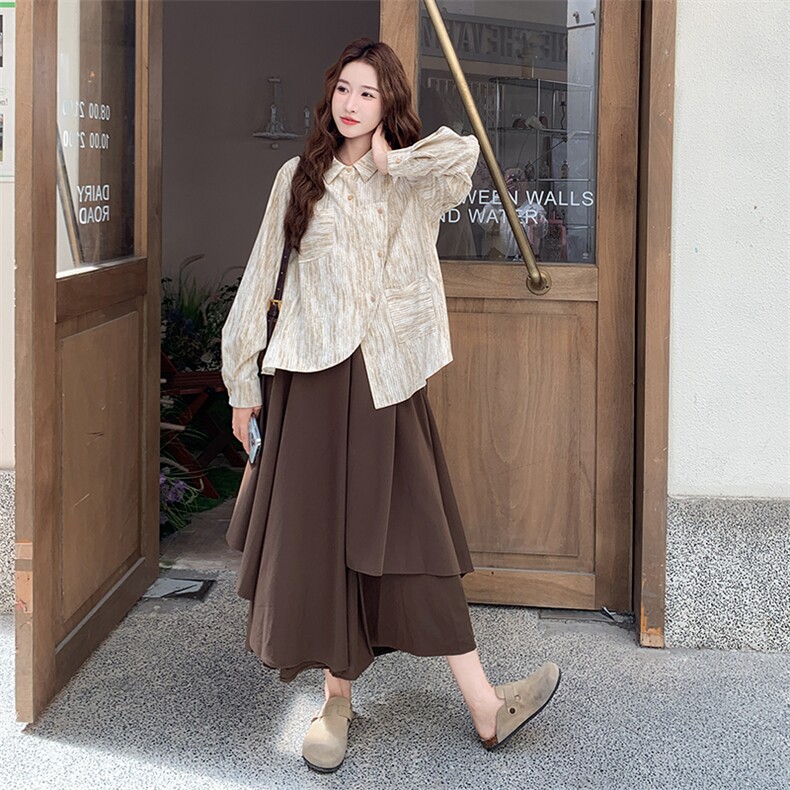 日系文艺扎染衬衫不规则阔腿裙裤套装女2025春秋新款小个子两件套,女装套装/套裙,2C007