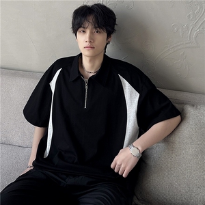 学院风拼接撞色POLO衫短袖T恤抗菌纯色可二开重磅上衣图片