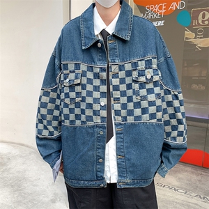 F197-P68 2024春季新款日系潮牌工装夹克棋盘格拼接牛仔外套现货图片