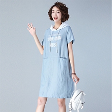 连衣裙2021年夏季圆领时尚纯色宽松腰连帽短袖中长款，女装连衣裙，小林双子