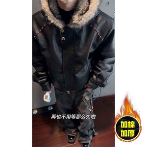 现货冬季美式潮牌痞帅PU皮机车服棉衣毛毛绒狼王座山雕皮棉服图片