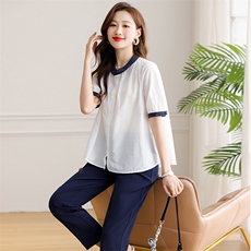 套装女夏季时尚拼色天丝上衣简约通勤两件套，女装套装/套裙，芙芮