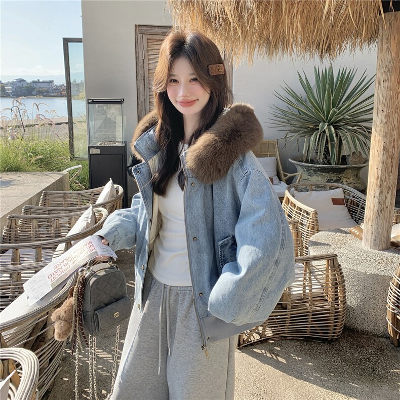 美式复古宽松加绒保暖羽绒内胆连帽牛仔外套女可拆卸毛领宽松夹克,女装羽绒服,艾米莉亚