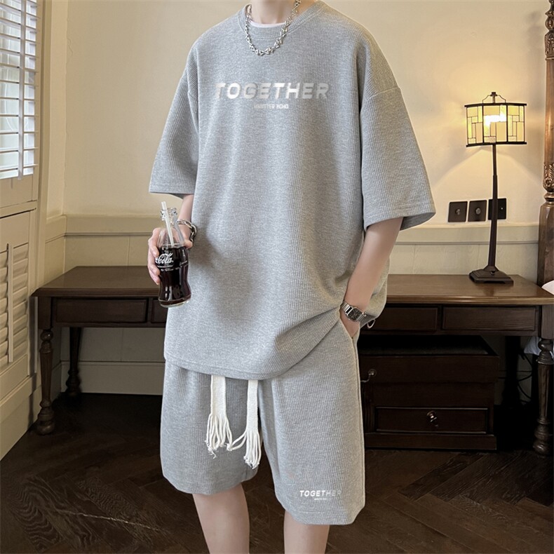 套装！华夫格套装男T恤短裤两件套大码港风HTZ395-P50,男装休闲套装,电商B371